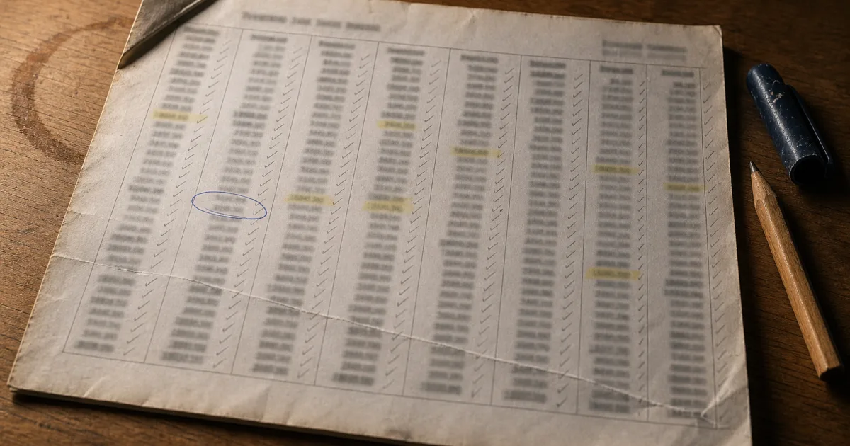 A creased printed schedule under a desk lamp at night, covered in pencil ticks, faded highlighter and one row circled in blue biro, a pencil beside it.