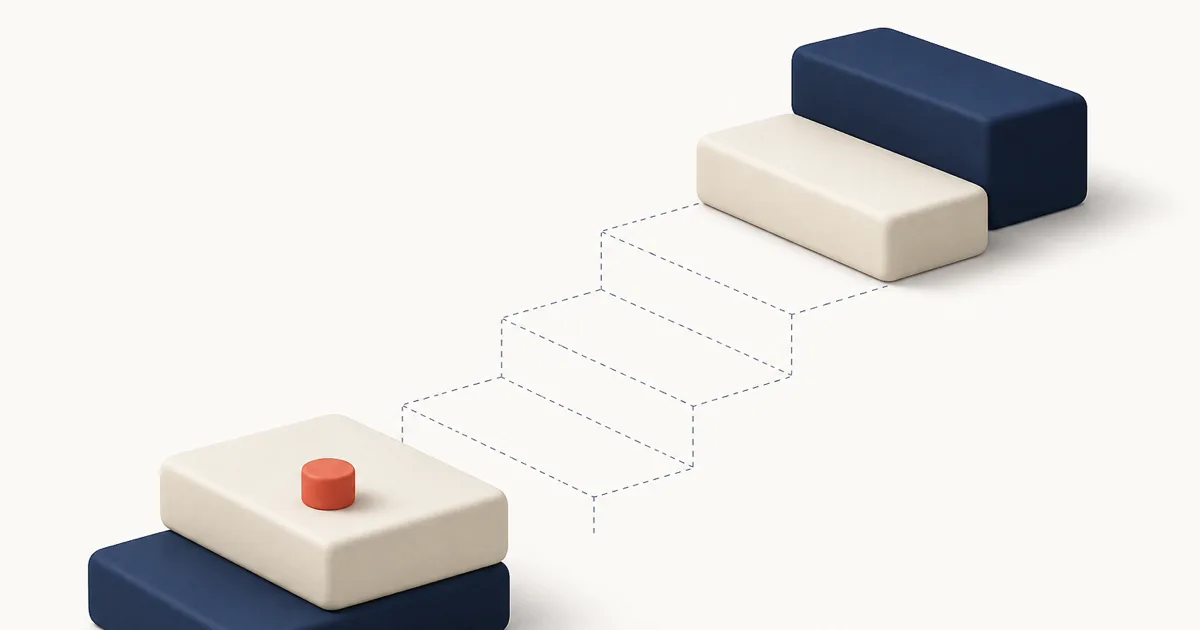 A ladder of thick rounded blocks rising left to right with two steps missing in the middle, a small marker standing on the lowest step.
