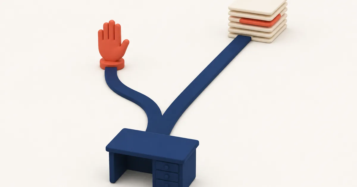 Two paths from a small desk: one short path ending at a raised-hand marker, the other continuing straight past it into a stack of finished files with one file tinted differently.