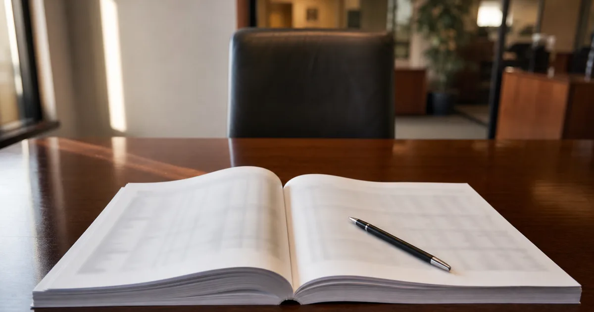 A thick printed set of accounts lying open on a meeting-room table with a pen across the page, an empty chair on the far side.