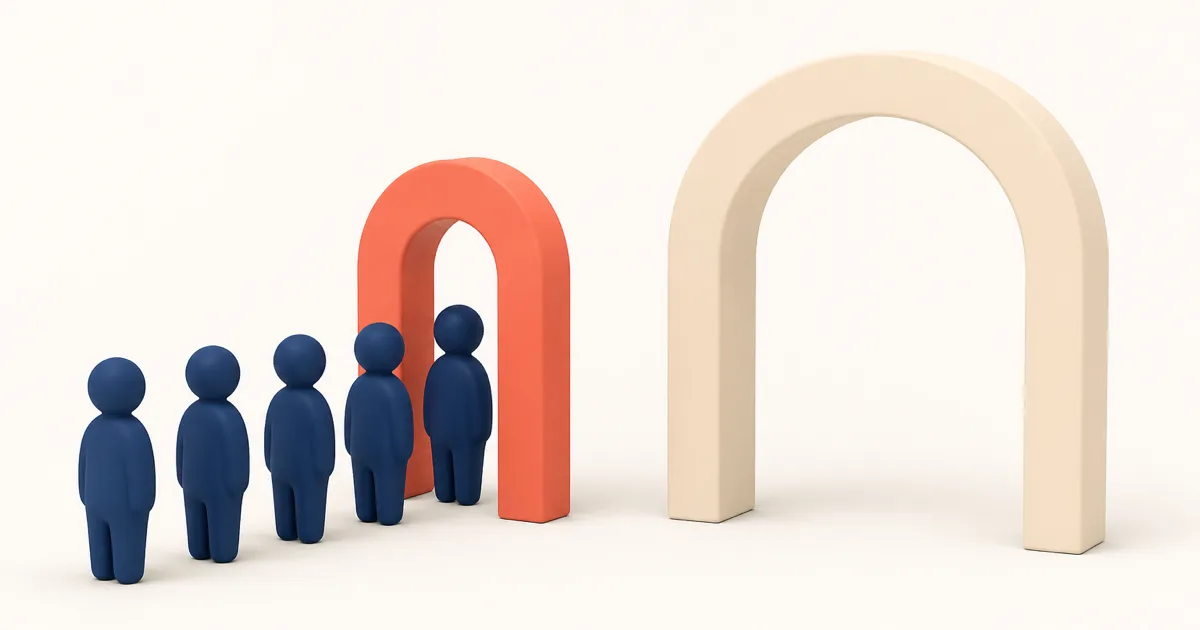 Five identical rounded figures queued at a single narrow gate, all passing through it, with a wider gate beside it standing unused.