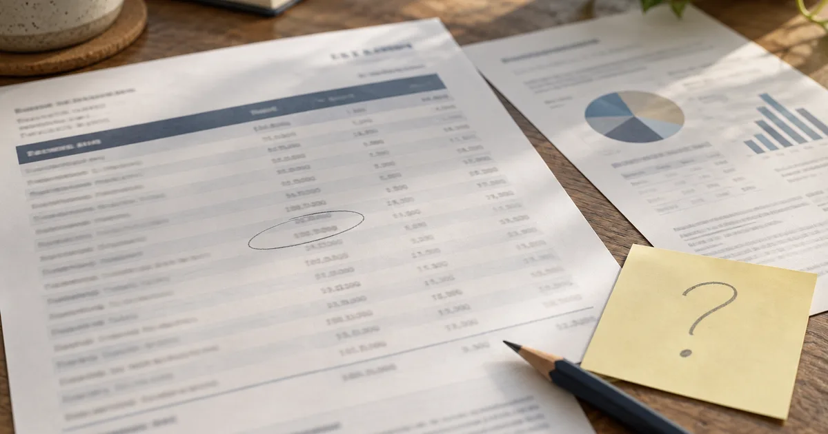 A printed statement with one figure circled in pencil, a second report beside it, a pencil and a yellow sticky note with a question mark.