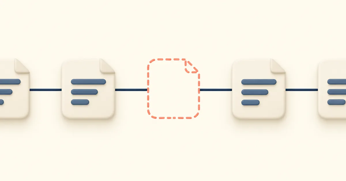 A row of cream document icons joined by a navy line, with one gap in the middle where a dashed coral outline marks the missing document.