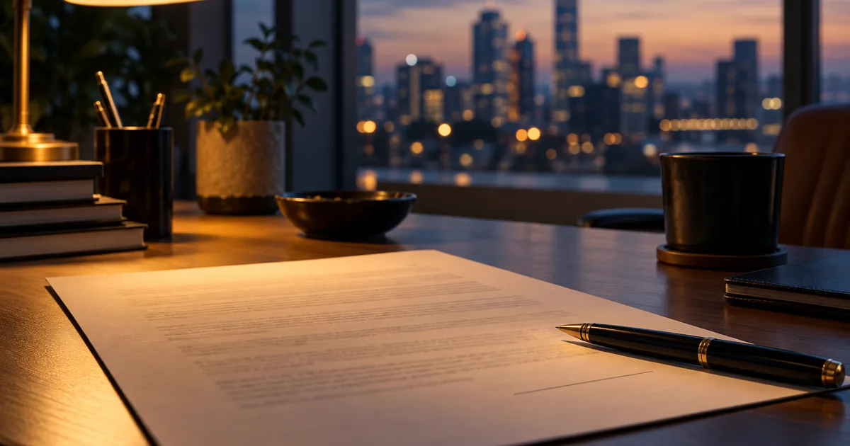 A printed document on a desk at dusk with a pen resting beside an empty signature line, a lamp on and city lights blurred in the window.