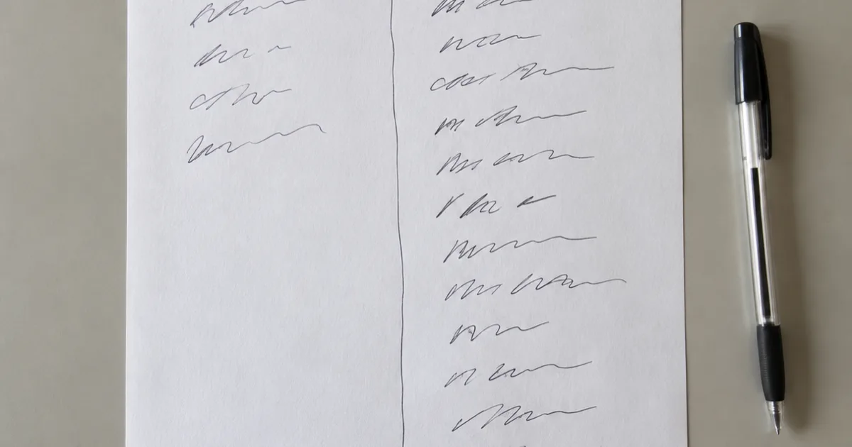 A single sheet of paper split down the middle by a pen line, a short handwritten list on one side and a longer one on the other, the writing illegible.