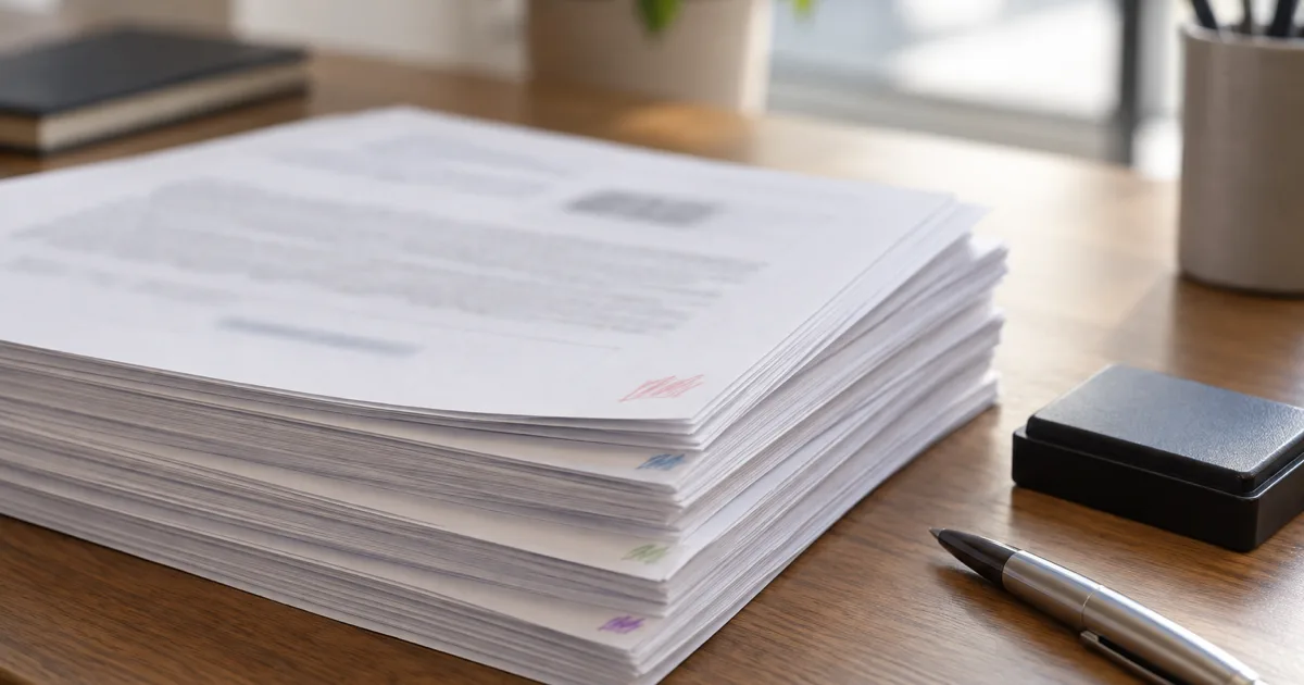 A stack of working papers with coloured sign-off initials in the corner of each sheet, a stamp pad and pen beside them.
