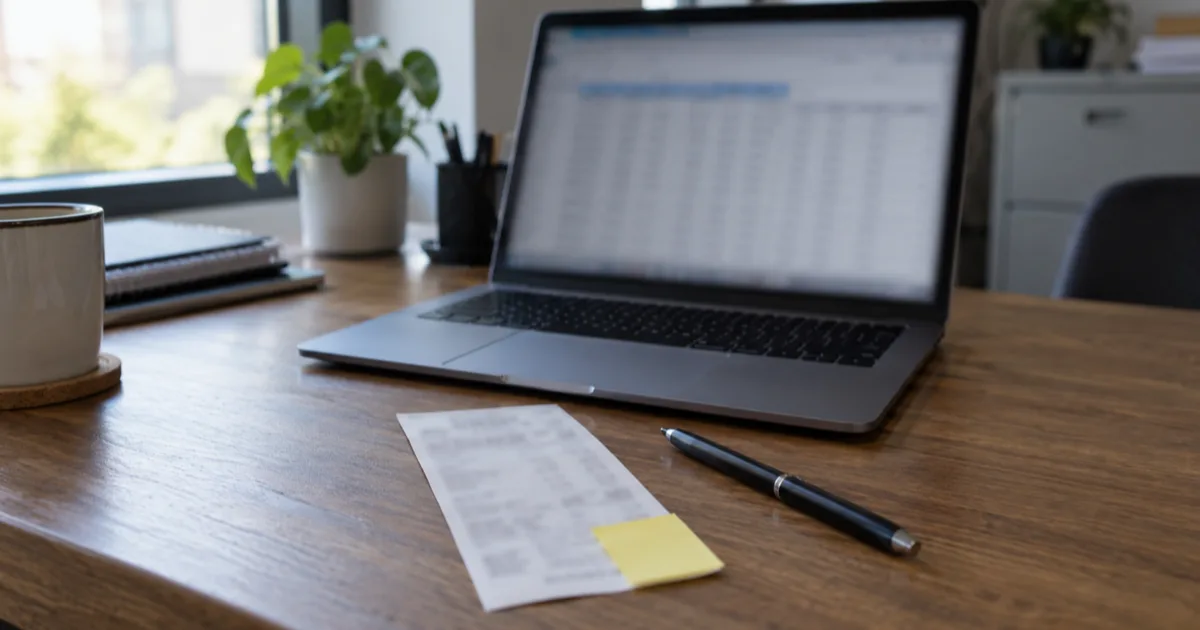 A desk with a laptop showing a blurred spreadsheet and a single printed receipt beside it, a sticky note attached to the receipt.