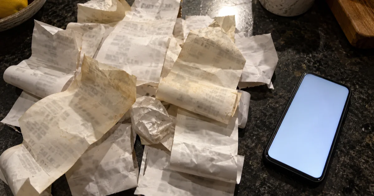 A pile of crumpled and faded paper receipts on a dark kitchen bench, a phone beside them with its screen lit, the scene lit by a single overhead light.