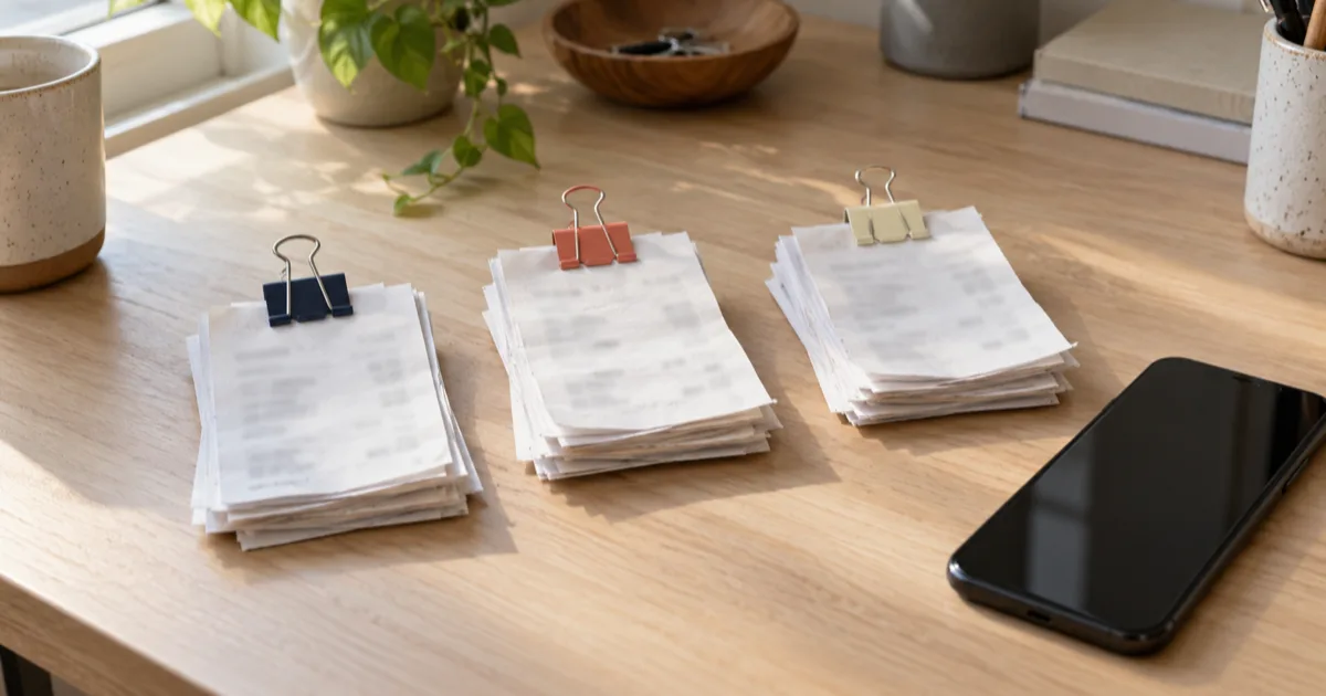 Three neat stacks of receipts on a light wooden desk, each held with a coloured clip, a phone beside them in soft daylight.
