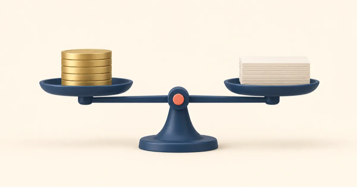 A set of balance scales with a small stack of coins on one side and a stack of ledger cards on the other, level with each other.