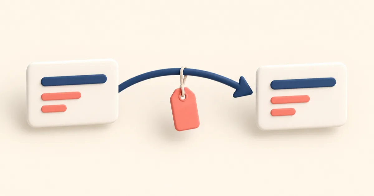 Two blank ledger cards joined by a curved navy arrow, with a small coral tag hanging from the middle of the arrow.