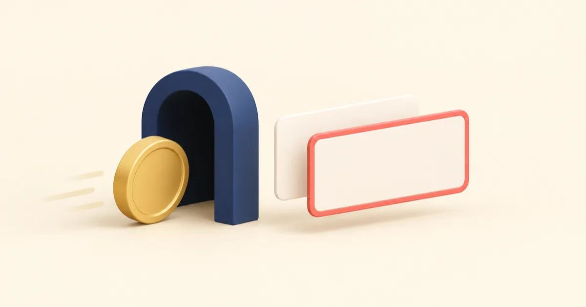 A coin rolling towards a navy archway, with two identical blank ledger cards standing on the far side, one outlined in coral.