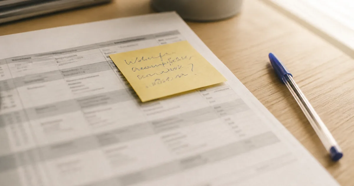 A yellow sticky note with a handwritten question stuck to a printed schedule, a blue biro beside it.