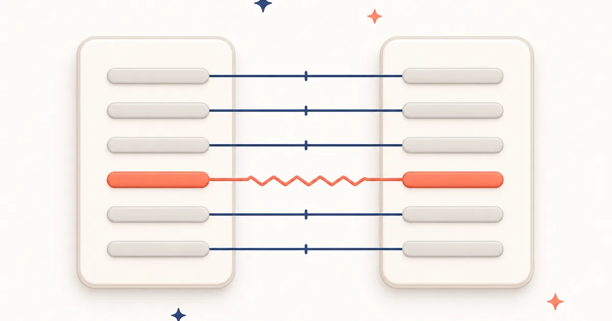 Two columns of figures side by side, most rows joined by straight connectors, one row joined by a zigzag showing a difference.