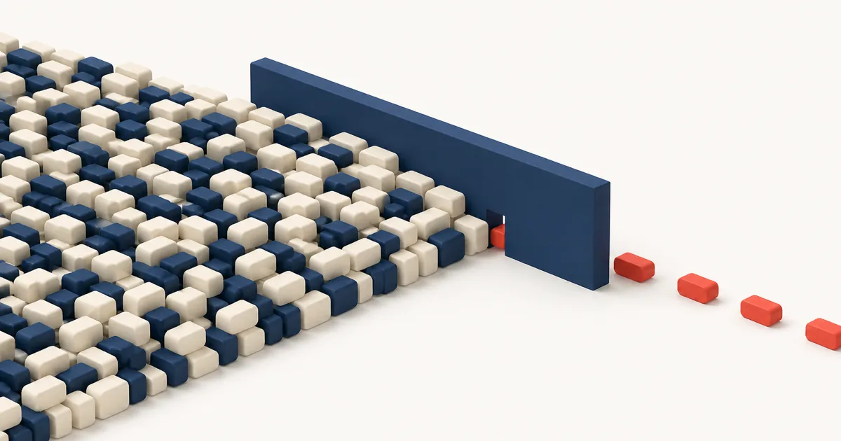 Wide flow of small rounded blocks funnelling into a single narrow gate, with a large backlog piled up on the wide side and only a thin trickle emerging past the gate.