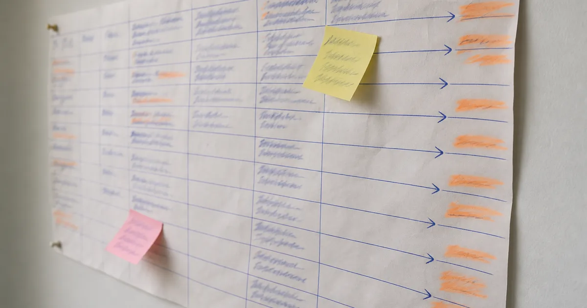 A large hand-ruled job board pinned to an office wall, photographed at an angle: rows drawn in biro, entries highlighted in orange, arrows running across to the right, two sticky notes stuck on askew, all the handwriting too soft to read.