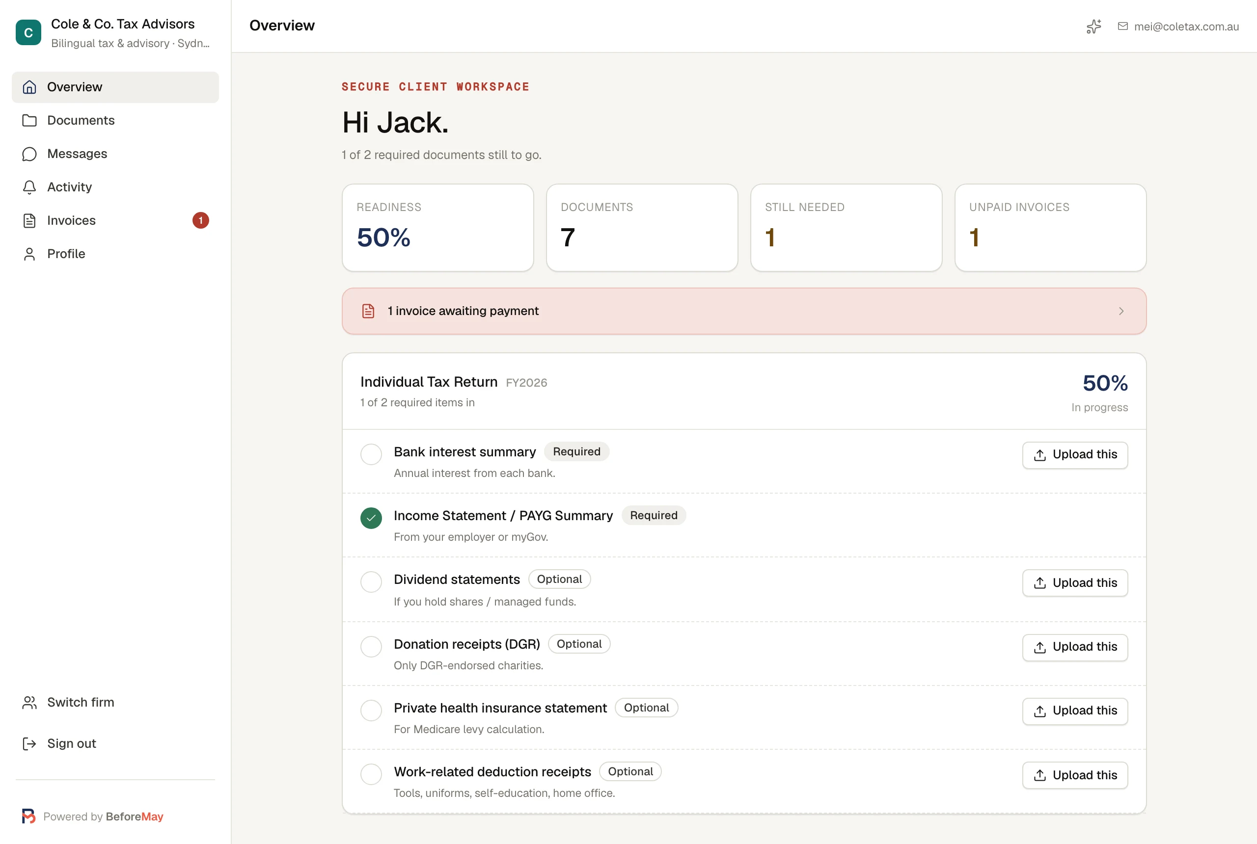The client portal in a desktop browser, with the checklist, documents and firm details side by side.