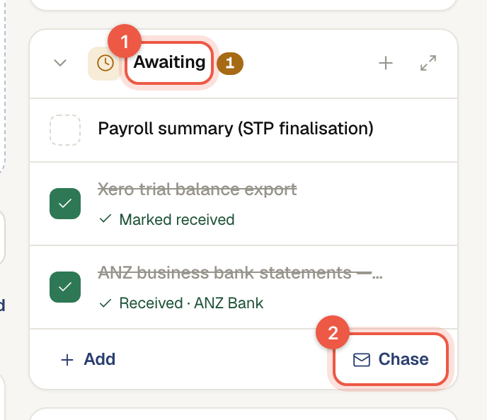 A company case with an outstanding chase, showing the Awaiting panel and the Chase button.