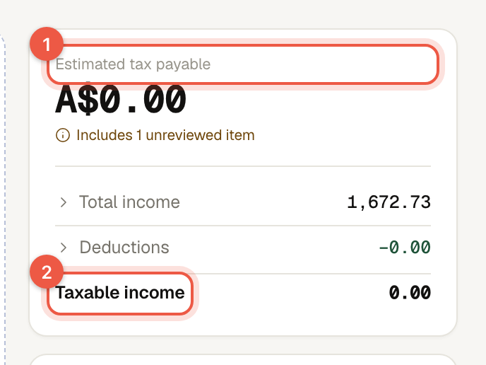 The estimate rail of a case, from estimated tax payable down to taxable income.