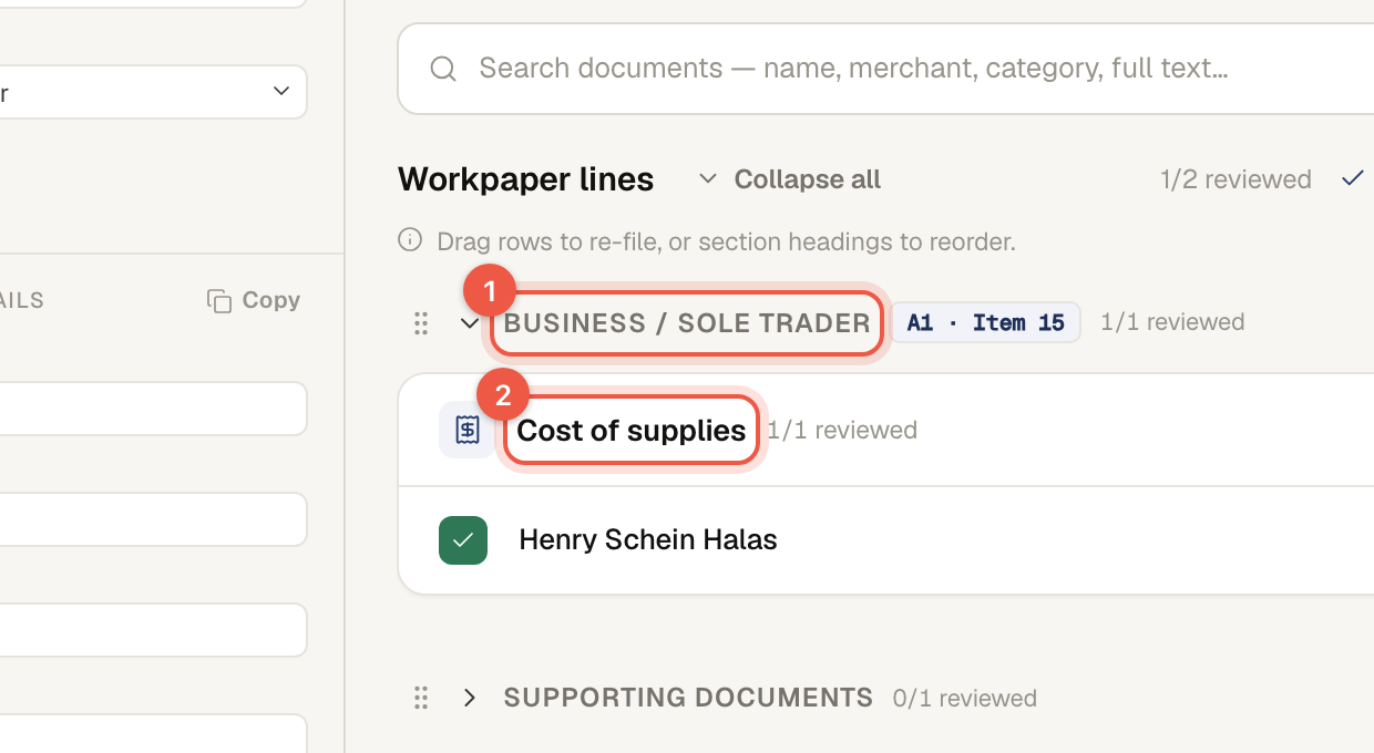 A workpaper section with its ATO item code, and a reviewed line beneath it.