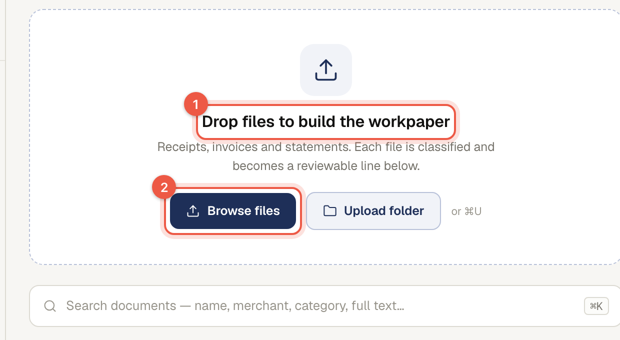 A case page, with the drop area and the Browse files button ringed.