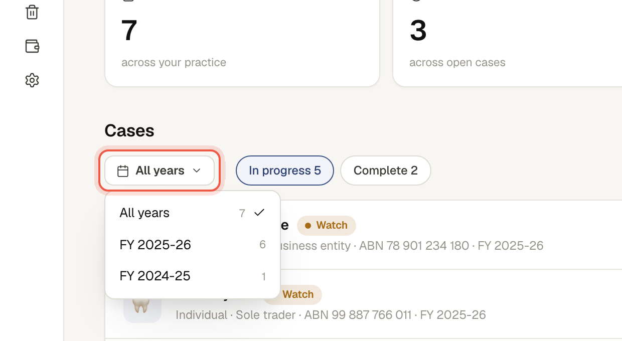 The financial-year filter open on the case list.