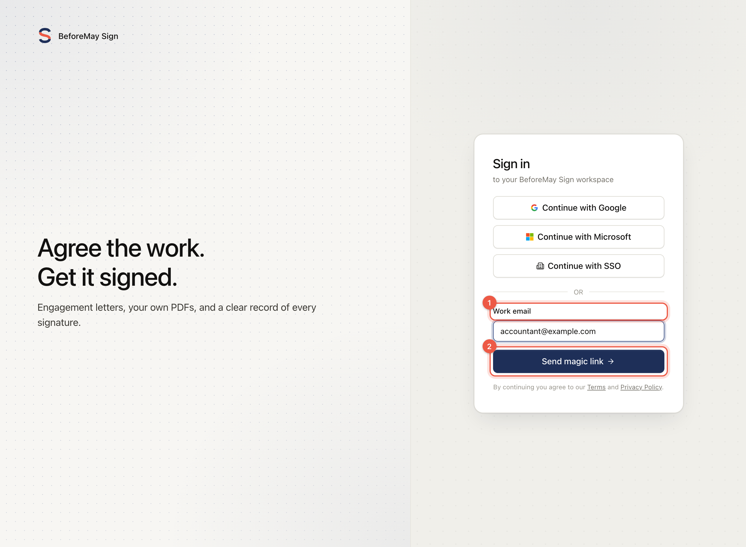 The shared Sign sign-in screen with a fictional work email, before any email or provider request.