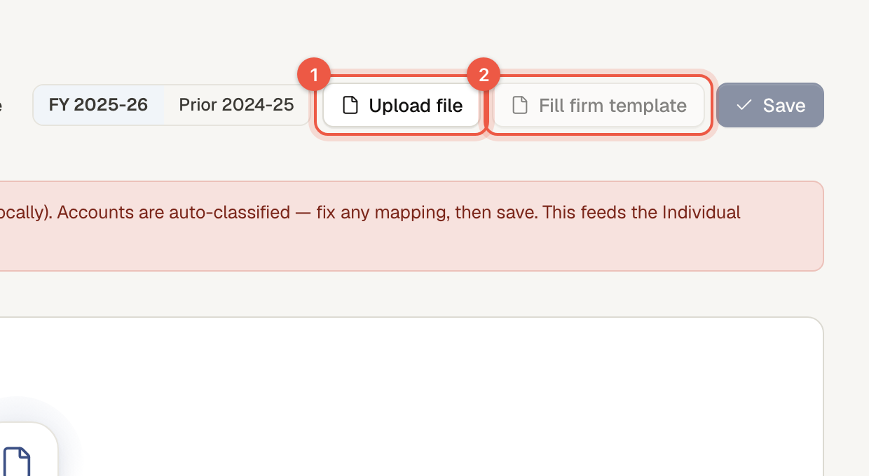 The trial balance page, with the upload and firm-template buttons ringed.
